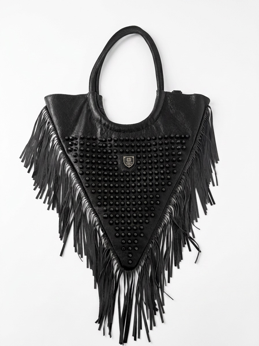 Rare Black Fringe Studded Leather Tote - Women Bags